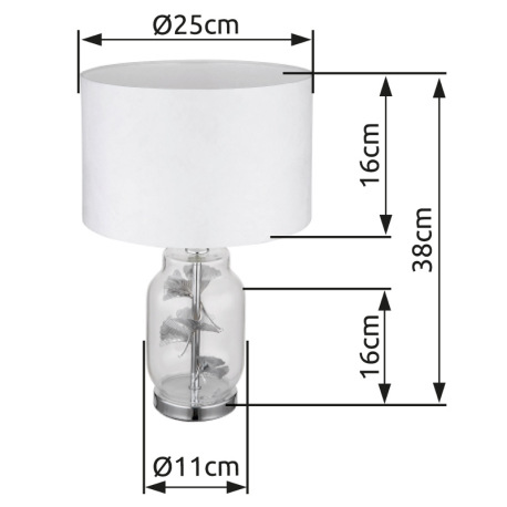 Stolové svietidlo, kov chróm, sklo priehľadné, biely textil, biely plast, priehľadný PVC kábel, kolí 10