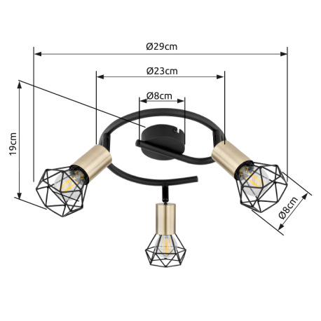 Stropné svietidlo, kov čierny, starožitná mosadz Ø:230, V:190, bez žiaroviek 3xE14, max. 40W 230V 14