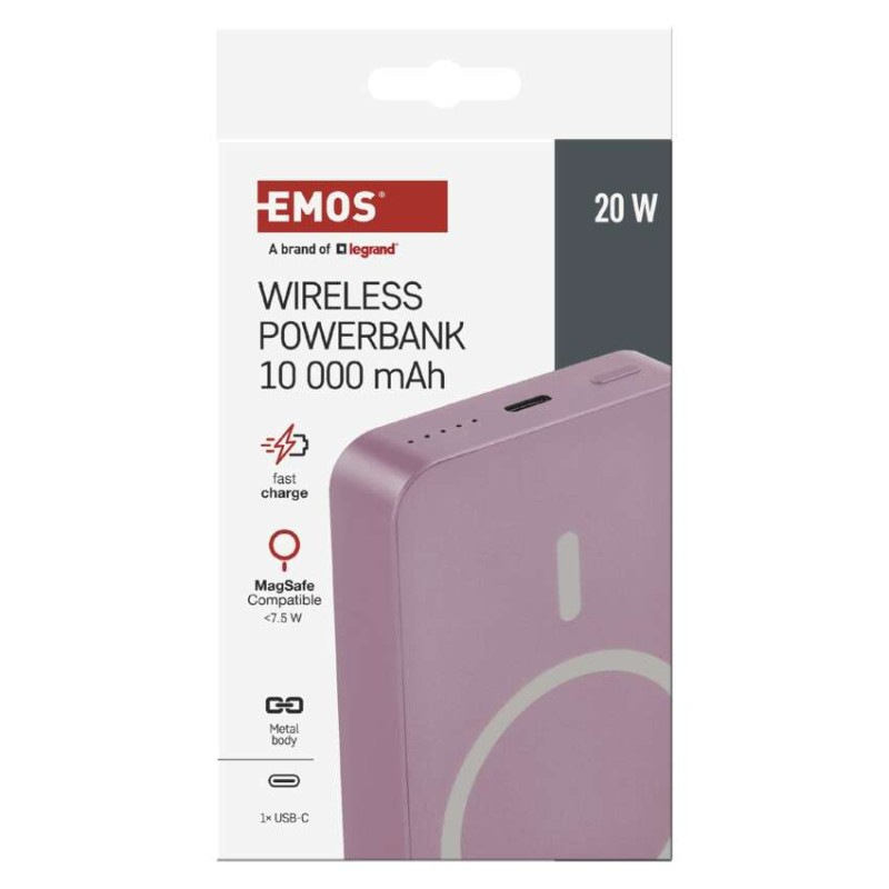 Power bank EMOS WI 1046, 10 000 mAh, 20 W+Wireless, lososová 12