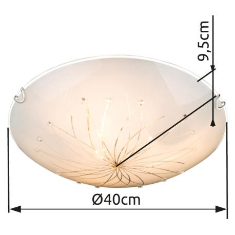 Stropné svietidlo, kov biely, chróm, satinované sklo, dekoračné kamienky, priehľadné ozdobné linky, 3