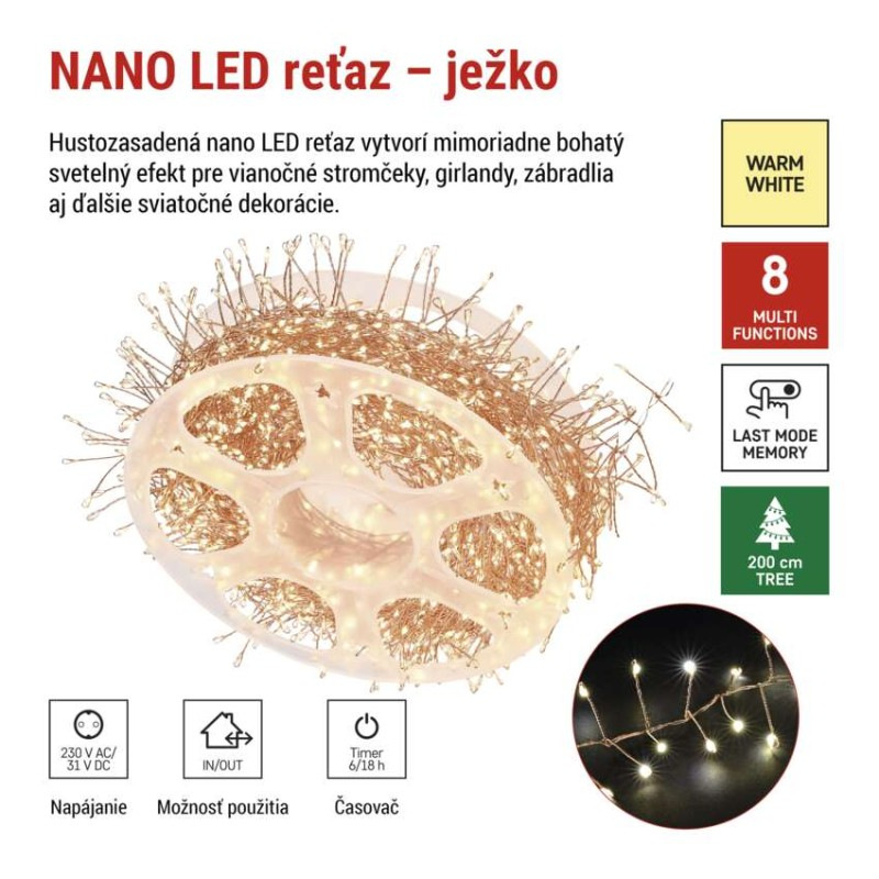 LED nano reťaz na cievke, medená, 19,2 m, teplá biela, časovač 1