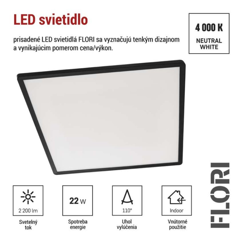 LED prisadené svietidlo FLORI štvorcový, čierné, 22W, neutrálna biela 3