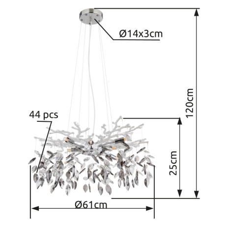Závesné svietidlo, kov chróm, sklenené krištále, dymové, číre, ø:610mm, V: 1200mm, bez žiaroviek 8x 16