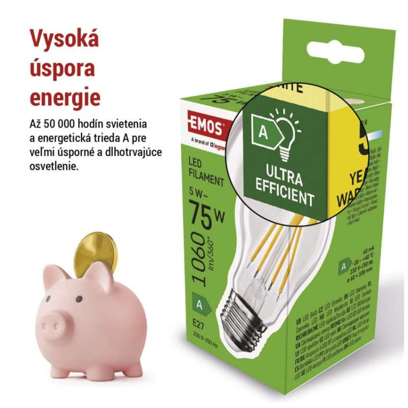 LED žiarovka Filament A60 A CLASS/ E27 / 5 W (75 W) / 1 060 lm / teplá biela 2