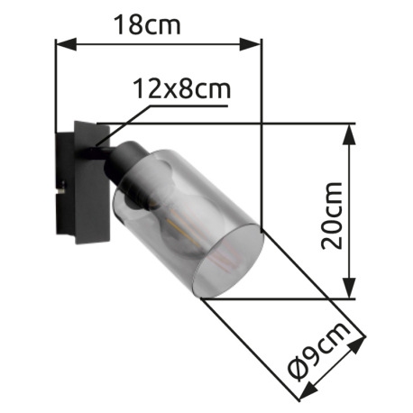 Nástenné svietidlo, kov čierny, dymové sklo, s vypínačom, ŠxV:90x200mm, H: 180mm, bez žiarovky 1x E2 20