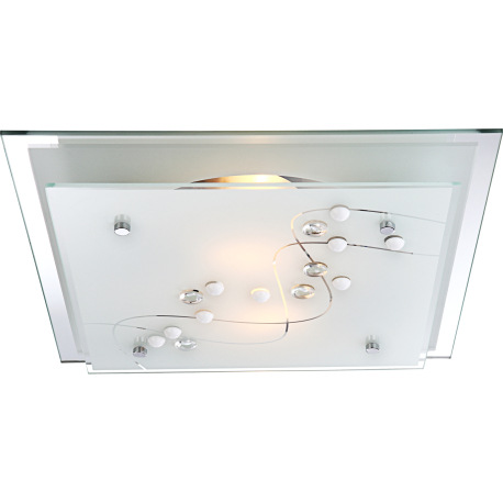 Stropné svietidlo, kov chróm, satinované sklo, dekoratívne kamienky, zrkadlový okraj DxŠxV: 335x335x 4