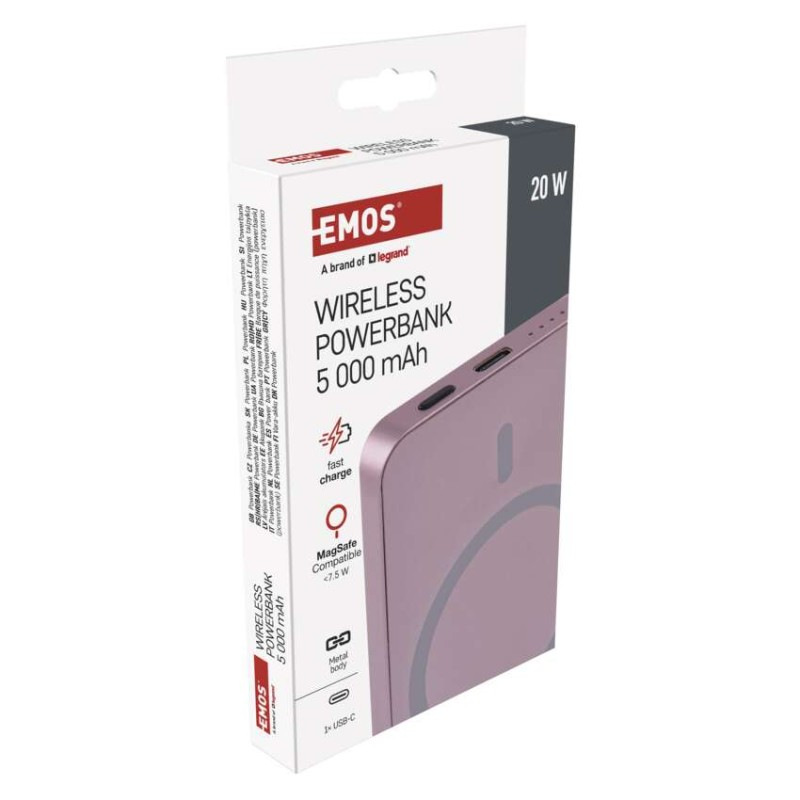 Power bank EMOS WI 522, 5 000 mAh, 20 W+Wireless, lososová 14