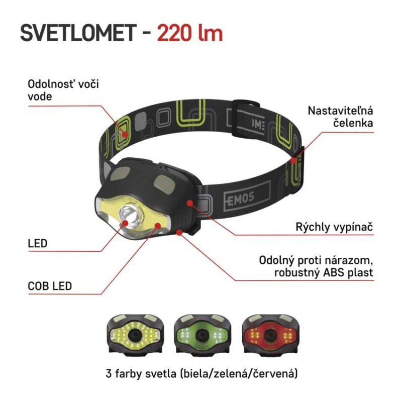 COB LED + LED čelovka P3536, 220 lm, 100 m, 3× AAA 2