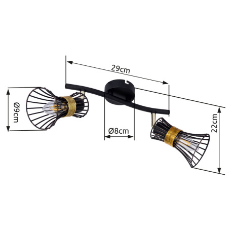 Nástenné svietidlo, kov čierny a zlatý, kovové tyče čierne a zlaté, DxV:290x220, bez žiaroviek 2xE14 18