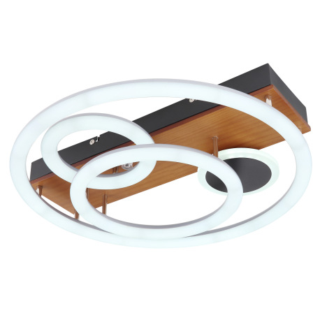 Stropné svietidlo, kov čierny, drevo hnedé, plast opál, stmievateľné, viackrokové ovládanie cez nást 17