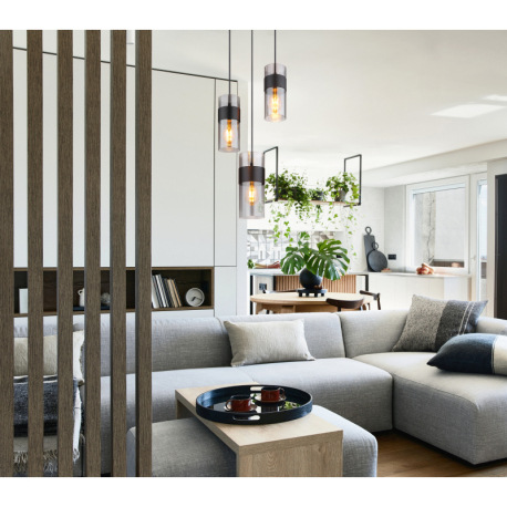 Závesné svietidlo, kov čierny matný, sklo dymovej farby, textilný kábel čierny, možnosť skrátenia vý 7