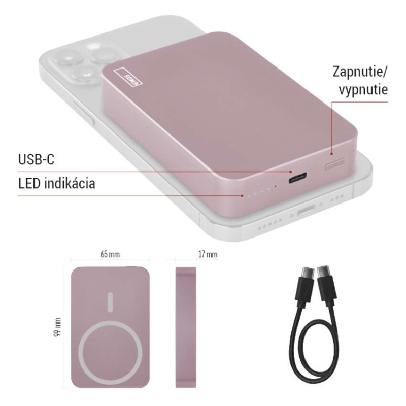 Power bank EMOS WI 1046, 10 000 mAh, 20 W+Wireless, lososová 5