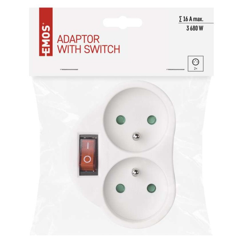 Rozbočovacia zásuvka 2× guľatá s vypínačom, biela 5