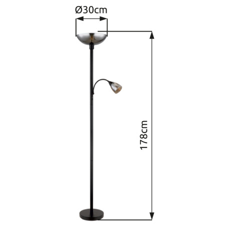 Stojanové svietidlo, kov čierny matný, sklo dymovej farby, flexo, 2 vypínače, ø:300 mm, V:1780 mm, d 10