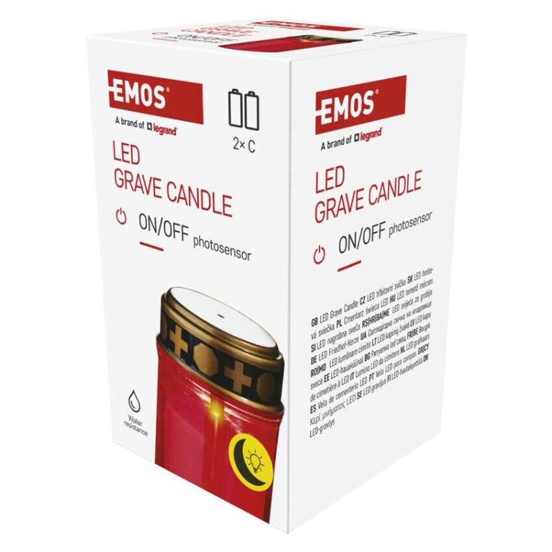 LED náhrobná sviečka červená, 2x C, vonkajšia aj vnútorná, teplá biela, senzor 1