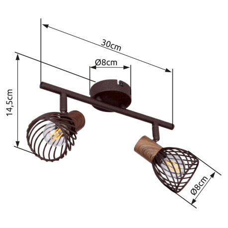 Nástenné svietidlo, kov vo farbe imitujúcu hrdzu, kov imitácia dreva, DxV:300x160, bez žiaroviek 2xE 8