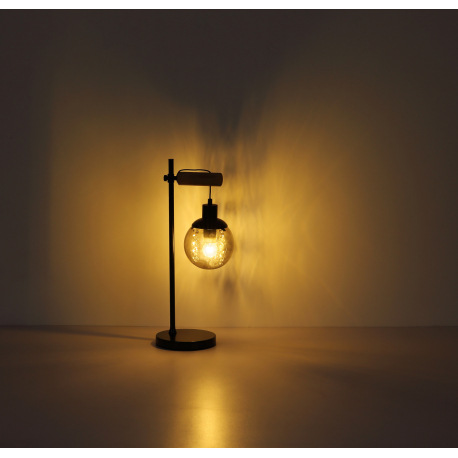 Stolová lampa, kov čierny matný, drevo prírodnej farby, sklo dymové, plastové krištále priehľadné, k 5