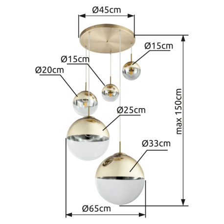 Závesné svietidlo, kov zlatý, sklo priehľadné zlaté, 5 gúľ s priemerom: 2x15-20-25-33 cm, Ø650, V:15 6