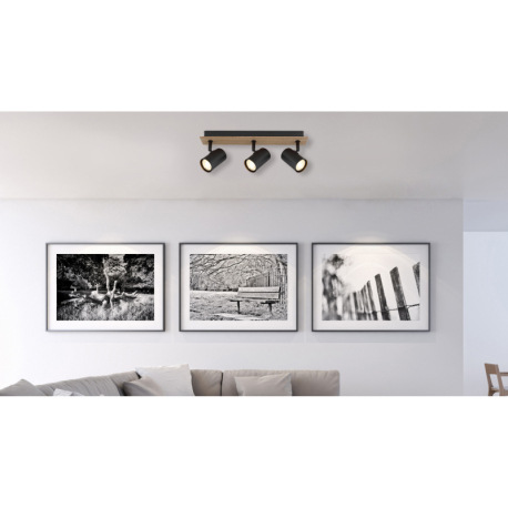 Stropné svietidlo, kov čierny matný, MDF imitácia dreva, DxŠxV: 410x60x152mm, bez žiaroviek 3xGU10, 1