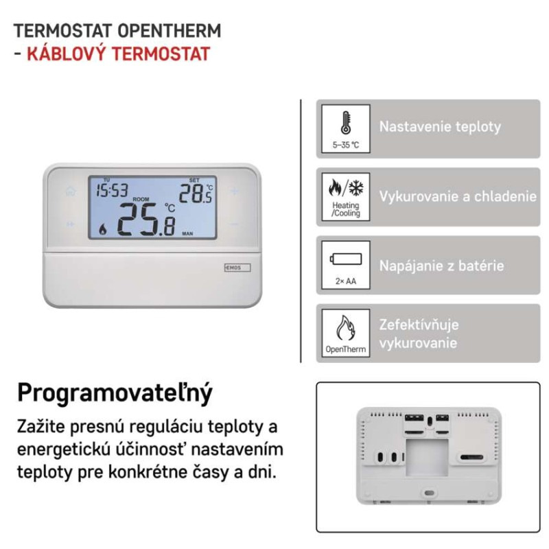 Izbový programovateľný drôtový OpenTherm termostat P5606OT