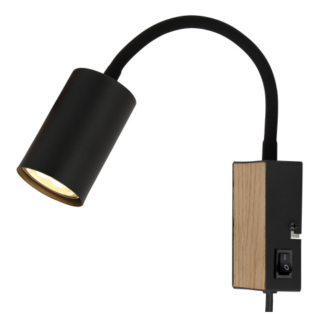Nástenné svietidlo kov čierny matný, MDF, imitácia tmavého dreva, kábel PVC čierny, kolískový vypína 2