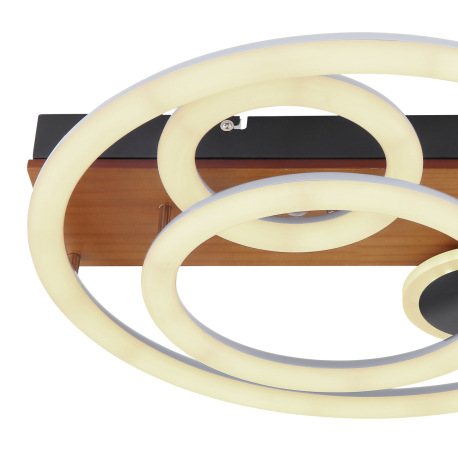 Stropné svietidlo, kov čierny, drevo hnedé, plast opál, stmievateľné, viackrokové ovládanie cez nást 15