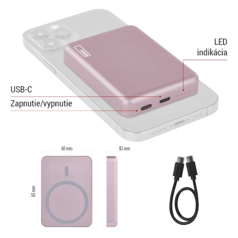Power bank EMOS WI 522, 5 000 mAh, 20 W+Wireless, lososová 5
