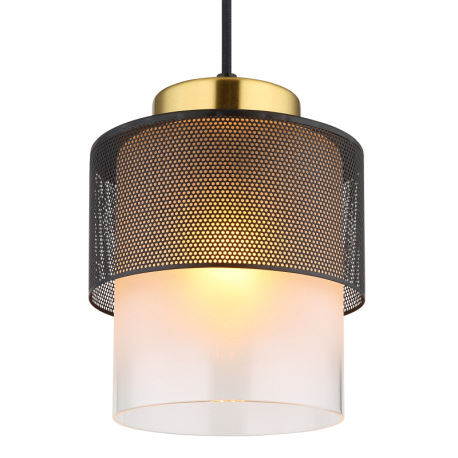 Závesné svietidlo, kov čierny, sklo satinované, priehľadné, kov mosadznej farby, textilný kábel čier 4