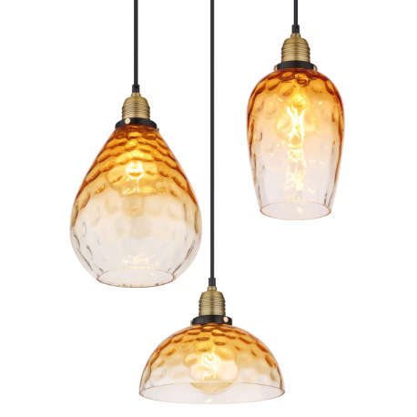 Závesné svietidlo, kov čierny, sklo jantárové, priehľadné, kov mosadzný matný, kábel PVC čierny, mož 4