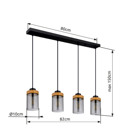 Závesné svietidlo, kov čierny, drevo, dymové sklo, DxŠxV:820x100x1500mm, bez žiaroviek 4x E27, max. 5