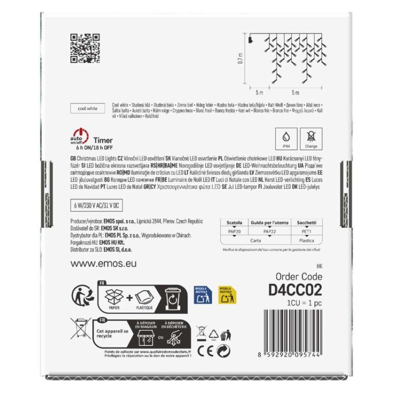 LED vianoč. cencúle, 5 m, vonkajšie aj vnútor., studená biela, ovládač, programy, časovač 10