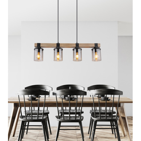 Závesné svietidlo kov čierny matný, drevo tmavohnedé, sklo dymovej farby, kábel PVC čierny, DxŠxV: 7 12