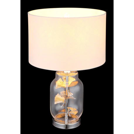 Stolové svietidlo, kov chróm, sklo priehľadné, biely textil, biely plast, priehľadný PVC kábel, kolí 12