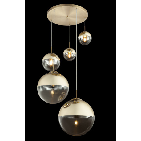 Závesné svietidlo, kov zlatý, sklo priehľadné zlaté, 5 gúľ s priemerom: 2x15-20-25-33 cm, Ø650, V:15 2
