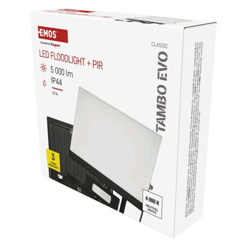 LED reflektor TAMBO EVO so senzorom pohybu, 50 W, 5000 lm, IP65, čierny