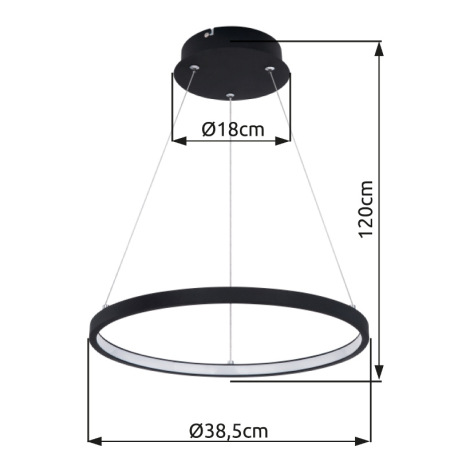 Závesné svietidlo, kov čierny matný, plast biely, Ø 385, V: 1200, vrátane 1xLED 19W 230V, 2600lm zdr 10