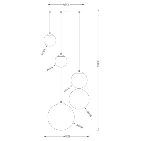 Závesné svietidlo, kov zlatý, sklo priehľadné zlaté, 5 gúľ s priemerom: 2x15-20-25-33 cm, Ø650, V:15 5