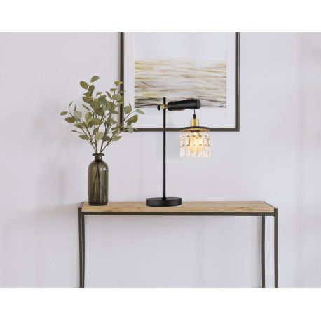 Stolová lampa, mosadz, drevo čierne, sklenené krištále, textilný kábel hnedý, s vypínačom na kábli, 10