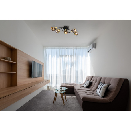 Stropné svietidlo, kov čierny, kov zlatý, sklenené krištále dymové, DxŠxV:615x360x210mm, bez 5x E14, 12