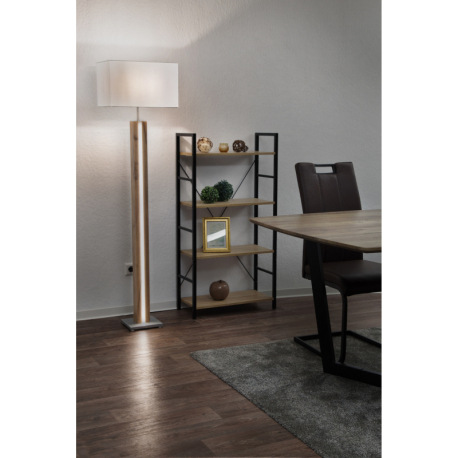 Stojacia lampa, MDF imitácia dreva, kov farby dub, textil béžová, tlačidlový spínač, stmievateľná, s 7