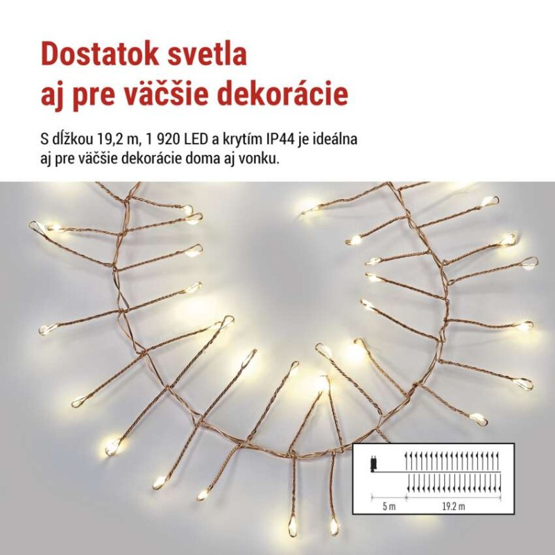LED nano reťaz na cievke, medená, 19,2 m, teplá biela, časovač 2