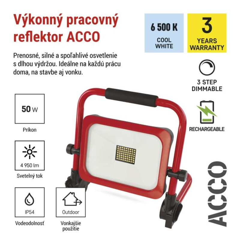 LED reflektor ACCO nabíjací prenosný, 50 W studená biela 6