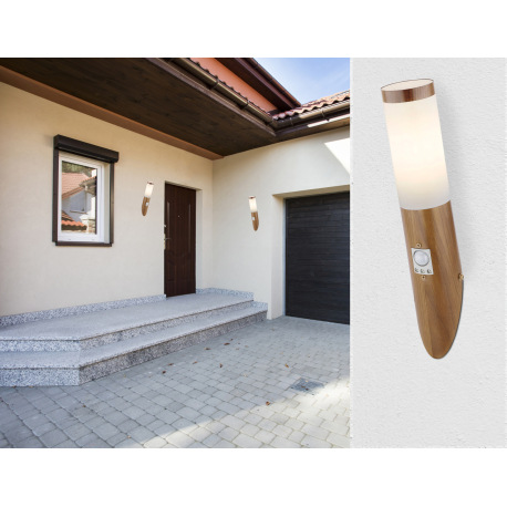 Vonkajšie svietidlo, oceľ vo vzhľade dreva, plast biely, IP44, senzor 90°, dosah 2-8m, Ø76, V:405, H 1