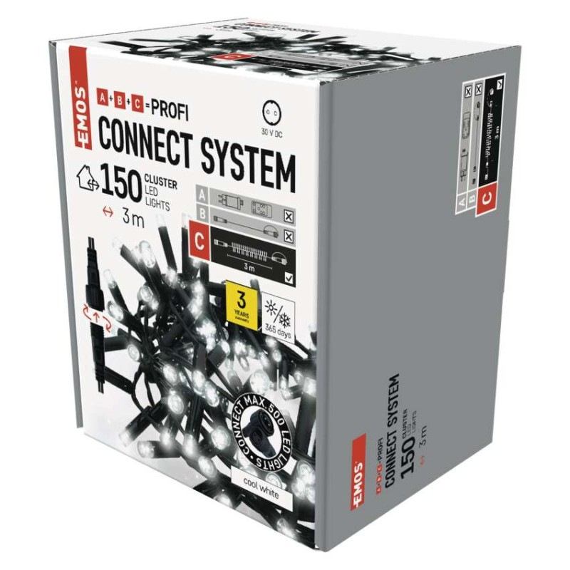 Profi LED spojovacia reťaz čierna – cluster, 3m, vonkaj. aj vnútorná, studená biela