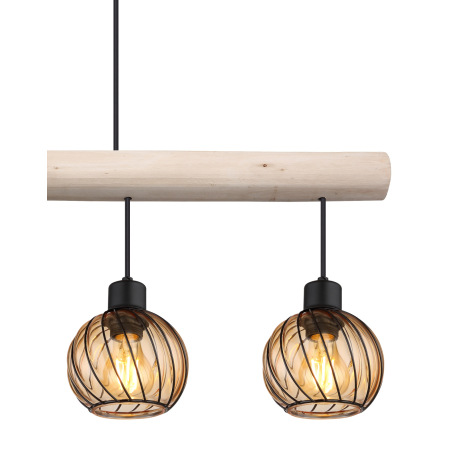 Závesné svietidlo kov čierny matný, prírodné drevo, sklo jantárovej farby, kábel PVC čierny, výškovo 11