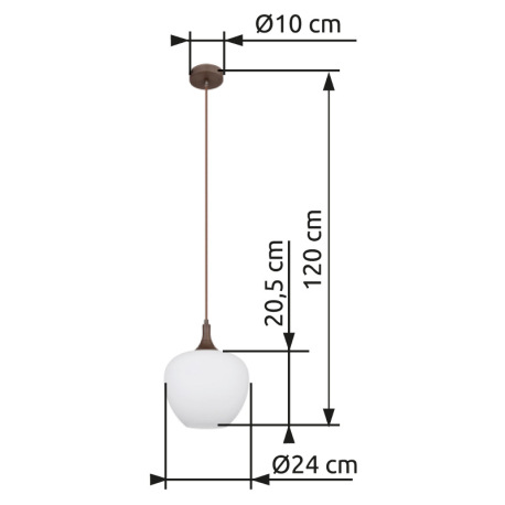 Závesné svietidlo, kov farba kávy, sklo biele, kábel textil hnedý, ø:240mm, V: 1200mm, bez žiarovky 14