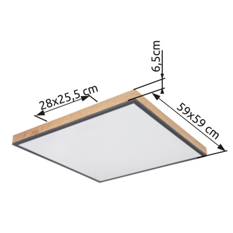 Stropné svietidlo, hliník, grafit, MDF imitácia dreva, akryl biely, rám imitácia dubu, DxŠxV:590x590 10