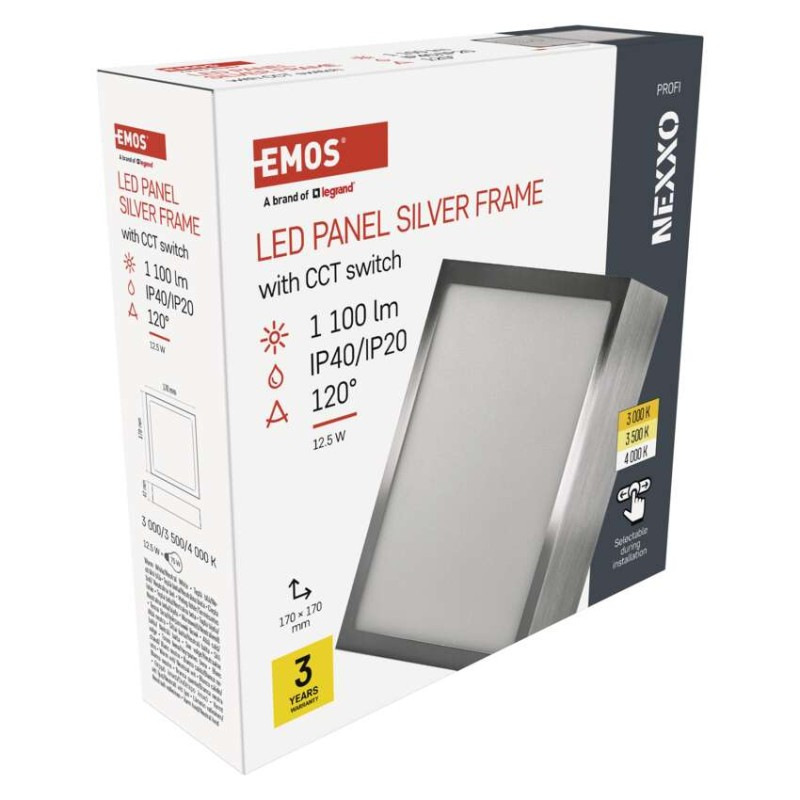 LED prisadené svietidlo, štvorec, strieborné, 12,5W, CCT 10