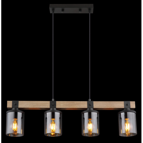 Závesné svietidlo kov čierny matný, drevo tmavohnedé, sklo dymovej farby, kábel PVC čierny, DxŠxV: 7 5