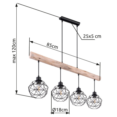 Závesné svietidlo, kov čierny matný, prírodné drevo, tienidlo - kovová mriežka, DxŠxV: 850x180x1200, 20